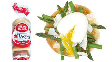 Olive Oil Asparagus Parmesan and Egg on Village Hearth Plain Bagel