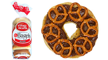 Chocolate Hazelnut Spread and Pretzels on Village Hearth Plain Bagel