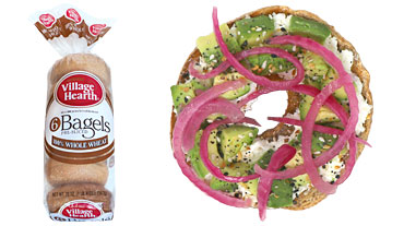 Cream Cheese Avocado Onions on Village Hearth 100% Whole Wheat Bagel