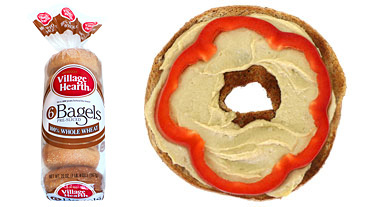 Village Hearth Hummus Red Pepper on Whole Wheat Bagel