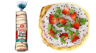Strawberries dragon fruit and mint on Country Hearth Light English Muffins